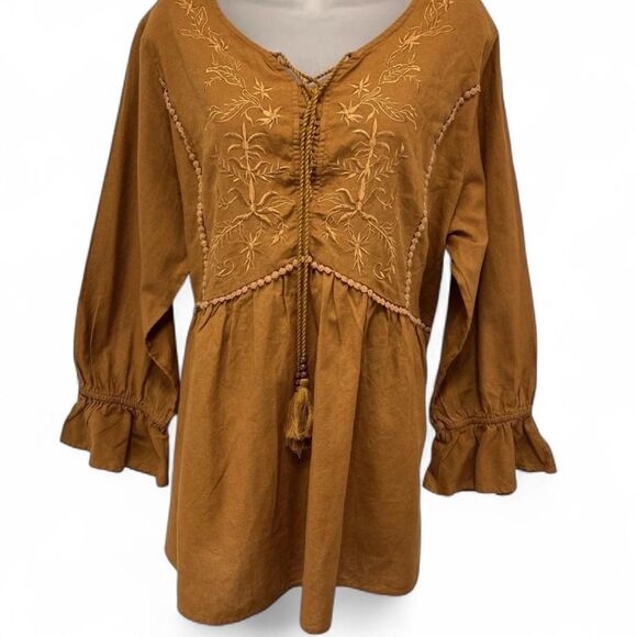 Burnt Orange Embroidered Linen-Blend,Babydoll, Boho Tunic/Peasant Blouse - Picture 5 of 8